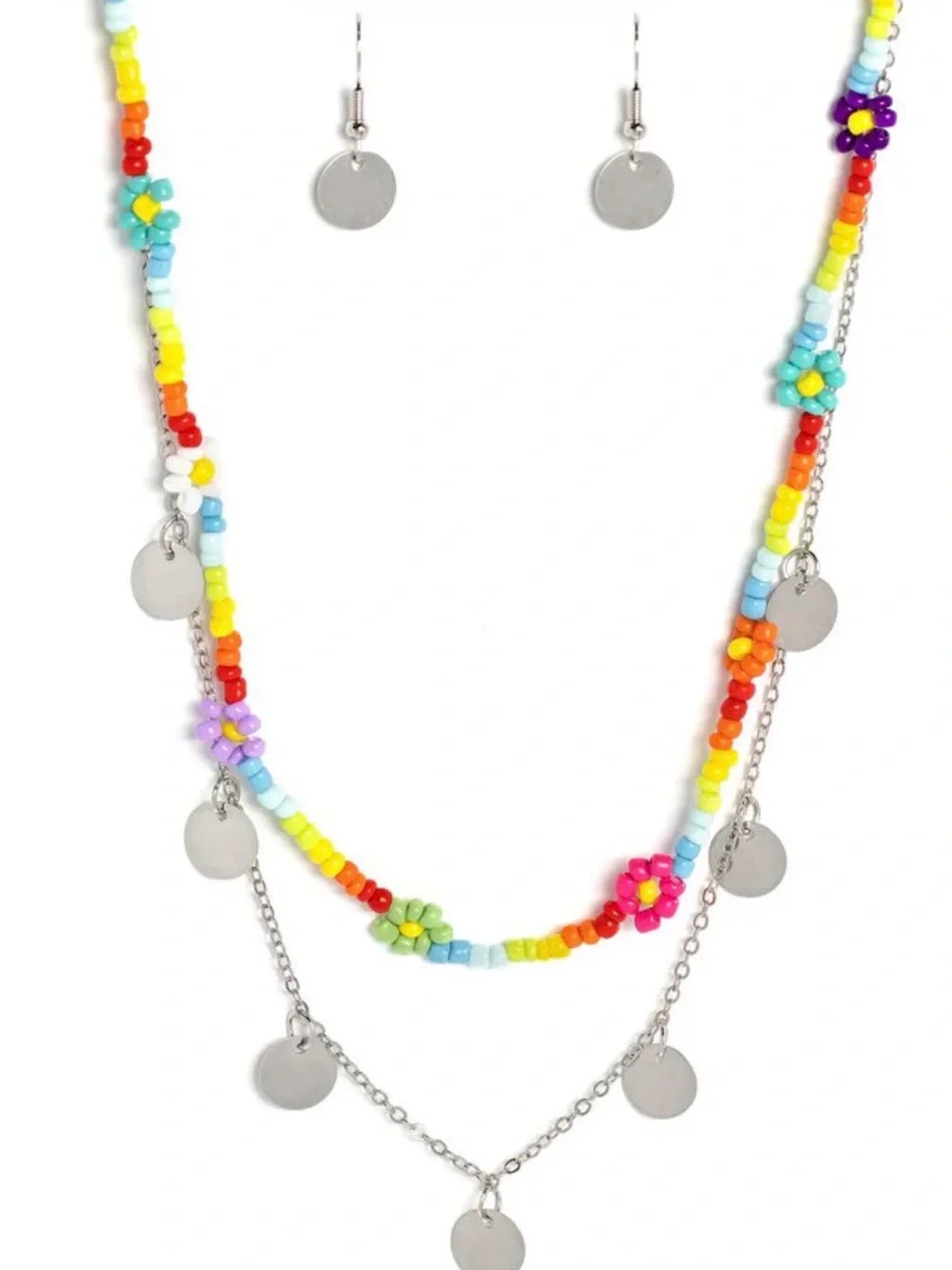 Colorful Beaded Flower Layered Necklace and Earrings Set